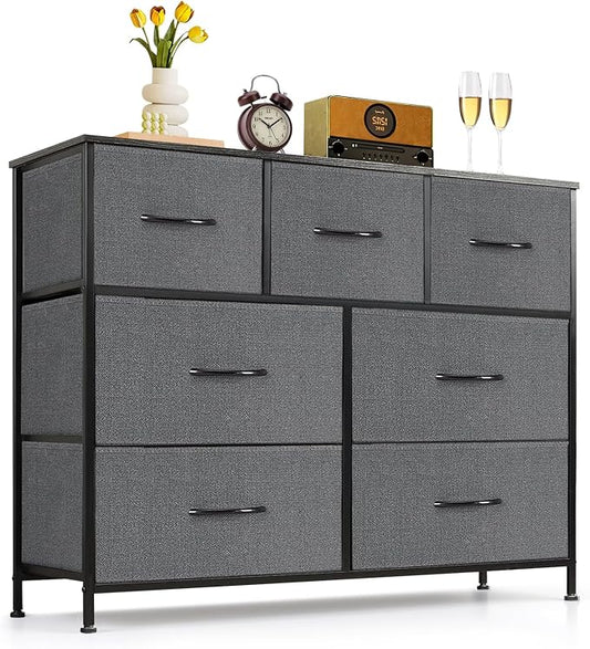 7-Drawer Dresser for Bedroom, Anti-Tip Wide Storage Organizer Fabric | Chest of Drawers TV Stand for 45" TV with Wooden Top and Metal Frame for Closet, Living Room, Hallway, Entryway, Gray