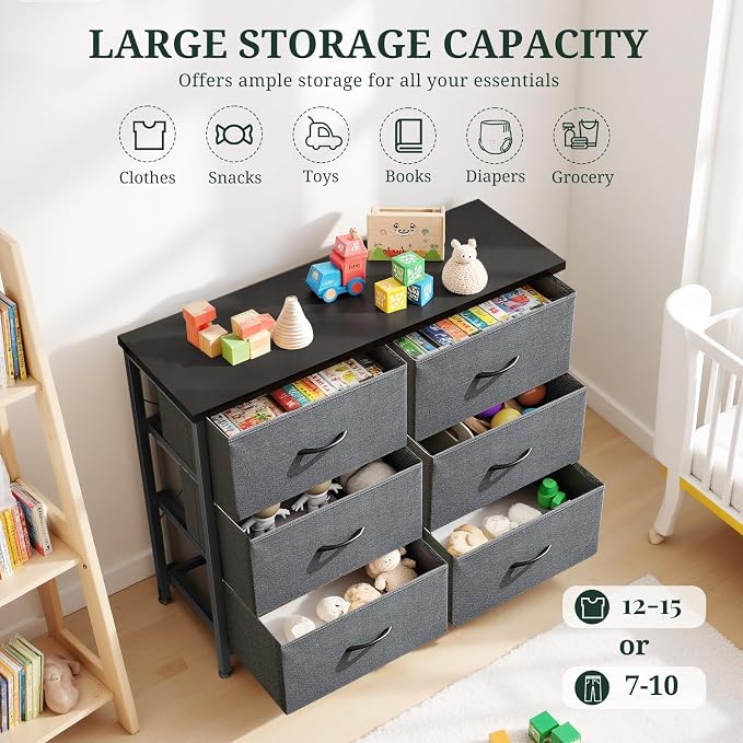 6-Drawer Dresser for Bedroom, Anti-Tip Wide Storage Organizer | Chest of Drawers with Wooden Top and Metal Frame Fabric Bins for Closet, Living Room, Hallway, Entryway, Gray