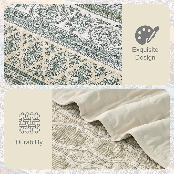 WONGS BEDDING Boho Quilt Queen Size,3 Pcs Beige Bedspread Bedding Set | Colorful Bohemian Striped Printed Bedding for All Season, Lightweight Microfiber Coverlet Set with 2 Pillowcases(96"x90")