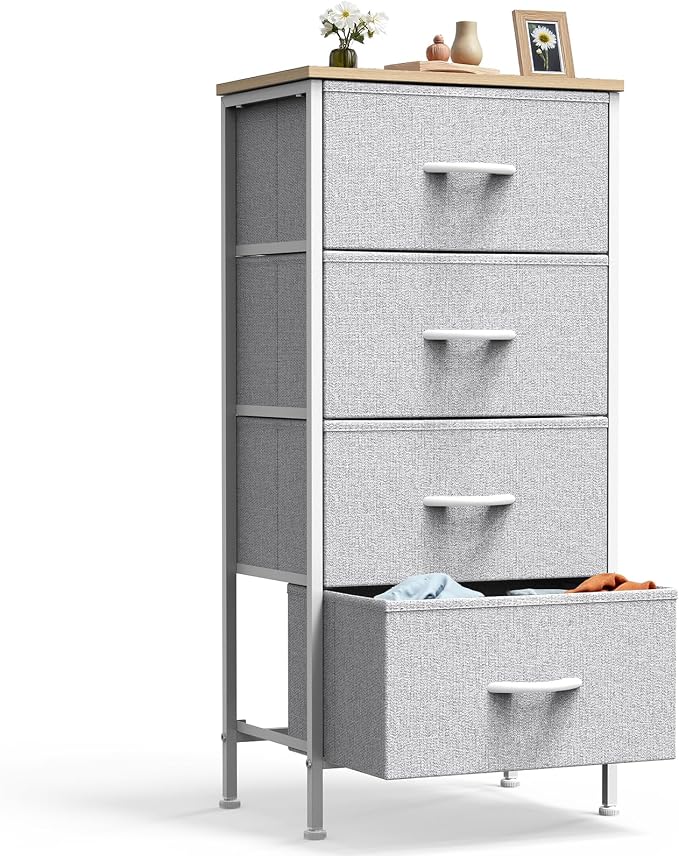 DUMOS Nightstand with 4 Drawers Bedside Table with Removable Fabric Bins Sturdy Steel Frame Wood Top Organizer Furniture for Bedroom Closet Living Room, Ash