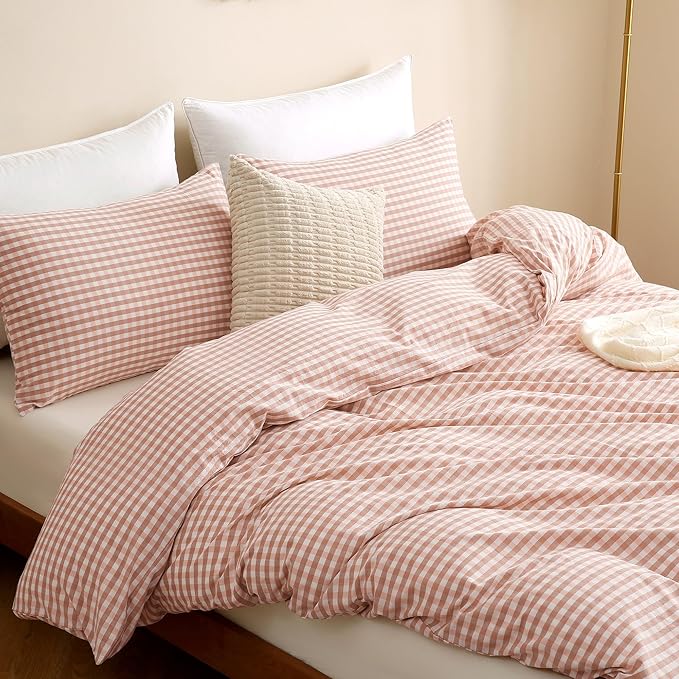 TOCOMOA Gingham Duvet Cover Set 100% Washed Cotton Like Linen, King | Linen-Like Feel Soft, Breathable & Comfy for All Season. Pink Brown Fall Bedding Set with Zipper & 8 Ties. 3 Pcs, No Insert