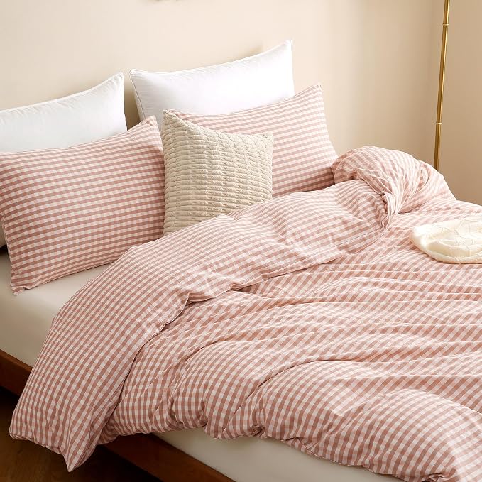 TOCOMOA Gingham Duvet Cover Set 100% Washed Cotton Like Linen, Queen | Linen-Like Feel Soft, Breathable & Comfy for All Season. Pink Brown Fall Bedding Set with Zipper & 8 Ties. 3 Pcs, No Insert