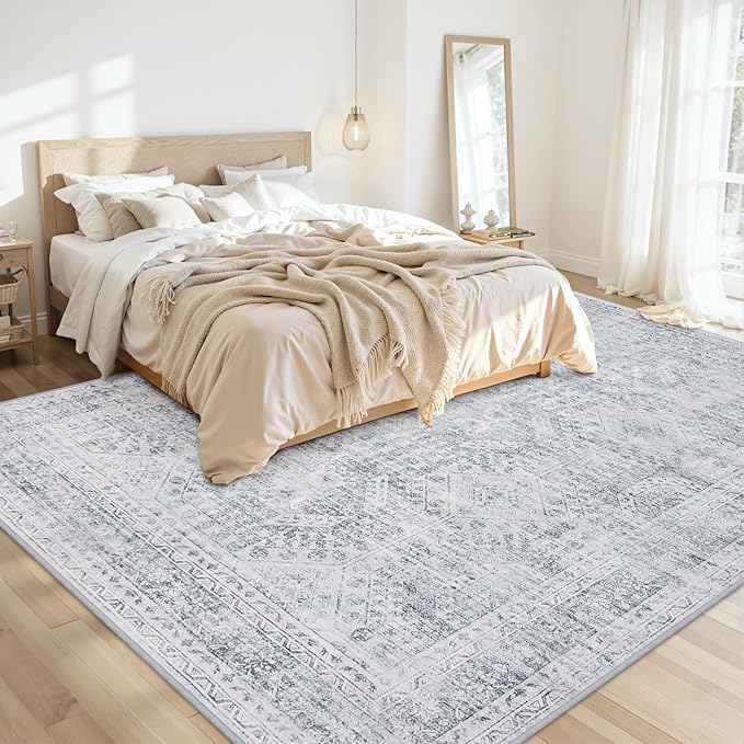 10x12 Area Rugs Living Room: Bedroom Neutral Washable Carpet Gray | Vintage Boho Soft Small Indoor Decor Floor Non-Slip Low Pile Neutral Farmhouse Entryway Laundry Bathroom Bedroom Beside Rugs