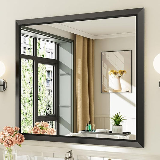 Black Metal Framed Bathroom Wall Mirror, 40x36 Inch | Anti-rust, HD tempered glass, for bathroom vanity, bedroom, living room, horizontal or vertical mount