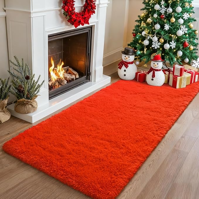 Soft Fluffy Rugs for Bedroom Living Room, 2x6 Hallway Runner Rugs, Furry Shag Bedside Area Rug Indoor Accent Floor Carpet, Plush Fuzzy Rug for Dorm Nursery Kids Room Decor, Orange Red