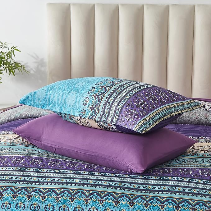 Cottolester Boho Comforter Set Full Size 8 Piece Bed in a Bag Bohemian Striped Bedding Quilt Set Aqua Paisley Floral Comforter and Sheet Set,Soft Microfiber Complete Bedding Sets for All Season