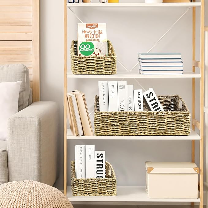 Pantry Baskets Organization, Wicker Storage Basket Green | Handwoven Pantry Organizers and Storage with Built-in Handles, Laundryroom Organization Storage Bins for Snack Cans