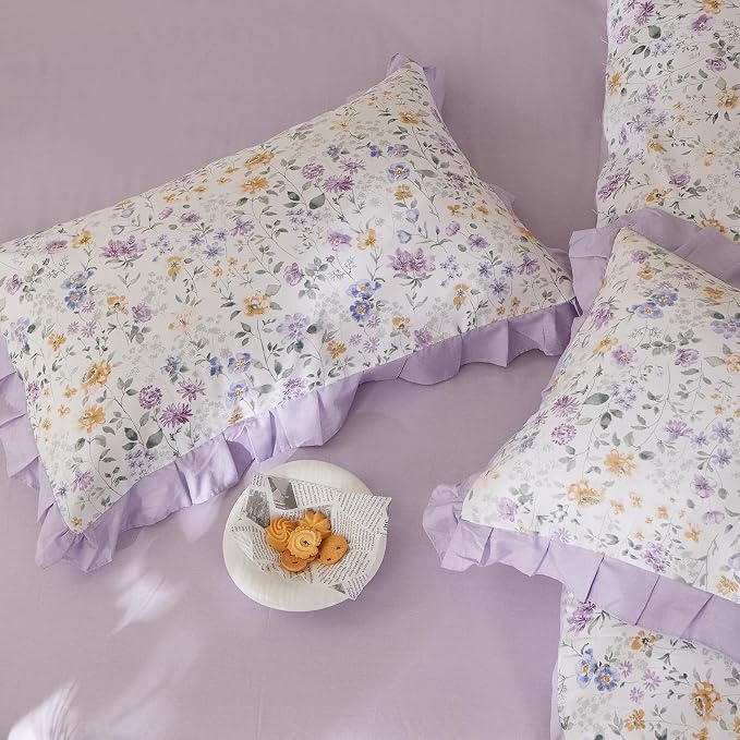 mixinni Floral Duvet Cover Set Twin Size, 100% Cotton 3-Piece Bedding Set with Ruffled Lace, Reversible Lavender Wildflower Ruffle Design, Soft Aesthetic Cottagecore Duvet Cover with Zipper Closure