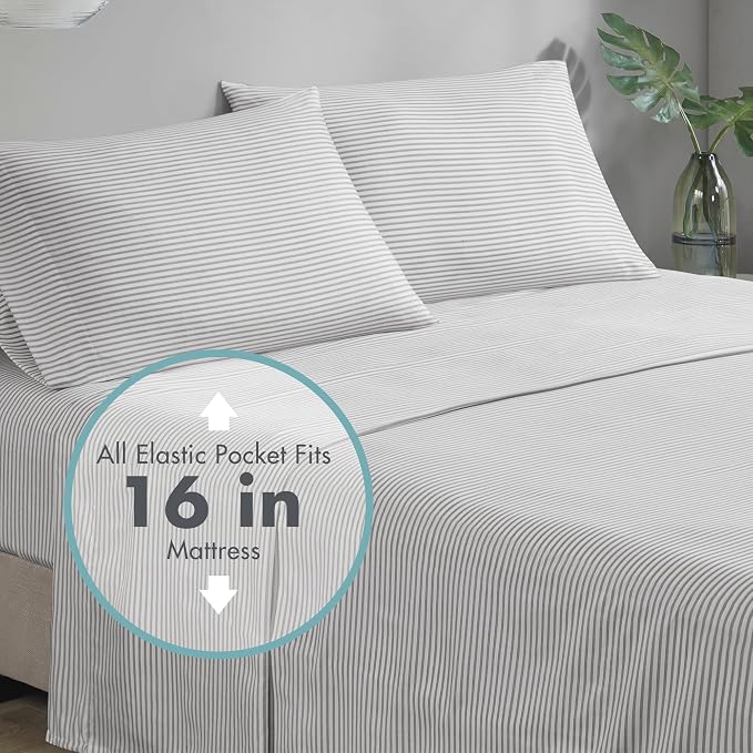 Madison Park Essentials King Comforter Set, Bed in A Bag Comforter & Sheet Set, Modern Casual Stripes Print, All Seasons, Soft Microfiber Bedding Makeover, Matching Shams, Cal King Aqua/Grey 7 Piece