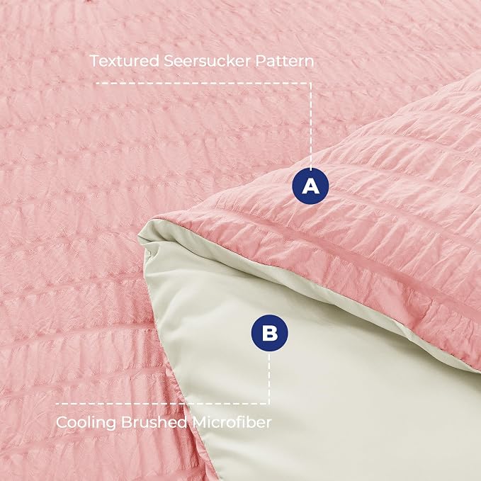 HYMOKEGE Pink/Ivory Duvet Cover Queen Size, Ultra Soft 3-Piece Seersucker Duvet Cover Set with Zipper Closure, Soft Brushed Microfiber Bedding Set with 8 Corner Ties (90"x90", 2 Pillowshams)