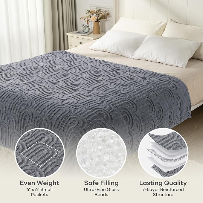Cottonblue Jacquard Weighted Blanket for Adults 15lbs Twin Size Bed 48"x72" | Soft Fuzzy Fleece Weighted Blankets Throw for Sleep Calm Relax, Fuzzy Warm Arch Bed Sofa Couch Heavy Blanket, Grey, Washable