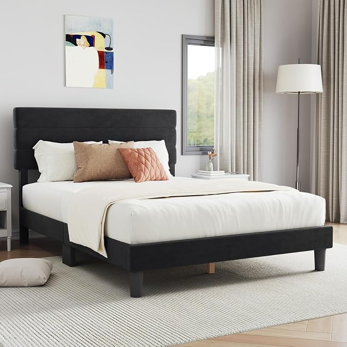 Novilla King Bed Frame and Headboard, King Bed Frame, Velvet Upholstered Stripe Bed Frames, No Box Spring Needed, Heavy Duty Feet, Easy Assembly, Black Velvet