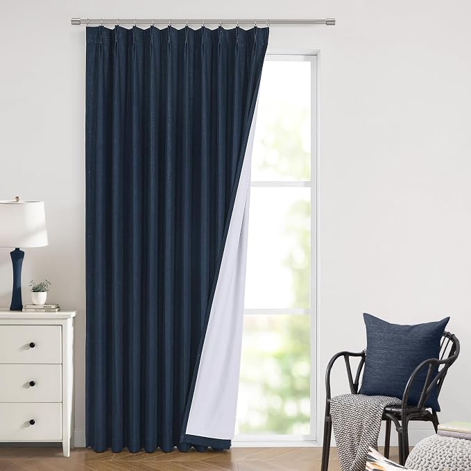Vision Home Navy Blue Pinch Pleated Full Blackout Curtains Linen Blended Room Darkening Window Panels 84 inch for Living Room Bedroom Thermal Insulated Pinch Pleat Drapes with Hooks 60" Wx84 Lx1