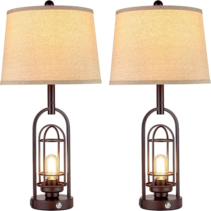 Living Room Lamps Set of 2, Farmhouse Table Lamps with USB A+C Charging Ports, Touch Lamps for Bedrooms with Oil Rubbed Bronze Finish, 4 Bulbs Included