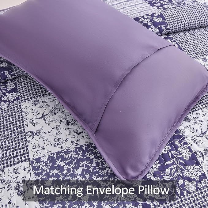 Mybedsoul Boho Quilts Queen Size, Patchwork Reversible Bedding Set, Purple | Soft Lightweight Microfiber Floral Coverlet Set, 3 Pieces Plaid Reversible Bedspread, Bed Sets for All Seasons 90"x96"