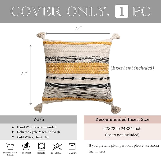 Boho Decorative Throw Pillow Cover 22x22 Square Yellow Mustard Accent Pillowcase Tassels Farmhouse Cushion for Couch Sofa Bedroom Living Room Home Décor Cover ONLY (Pack of 1)