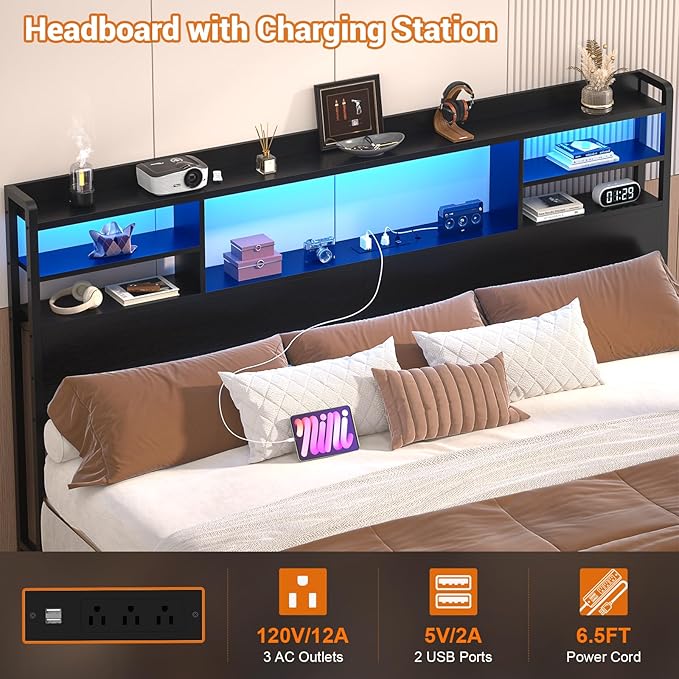 Aheaplus Headboard for Queen Size Bed with Storage, Rustic Brown | Headboards with LED Light, Power Outlets, USB Ports Queen Size Head Board, Wood headboard Only Sturdy and Stable Headboards