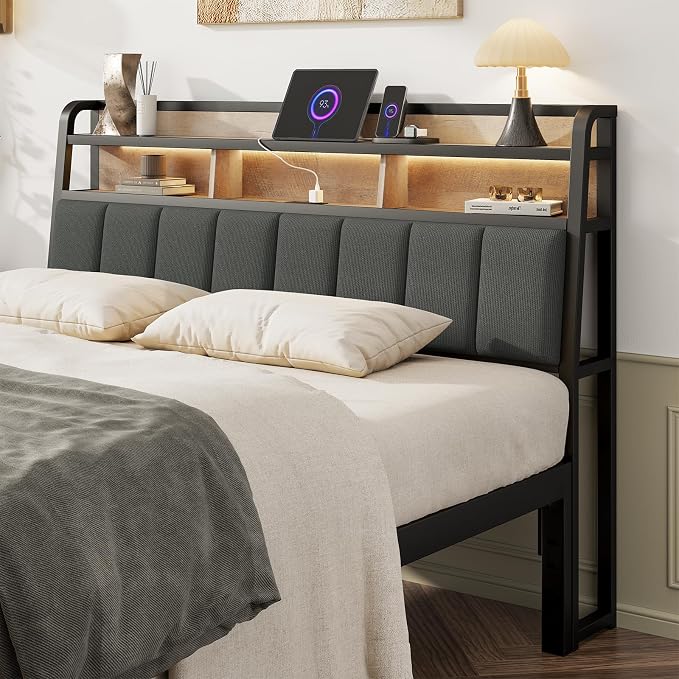 Queen Headboard Only with Storage, Charging Station, Black&Brown | Upholstered Headboards for Queen Size Bed with LED Light, Height Adjustable, Sturdy and Stable Headboard