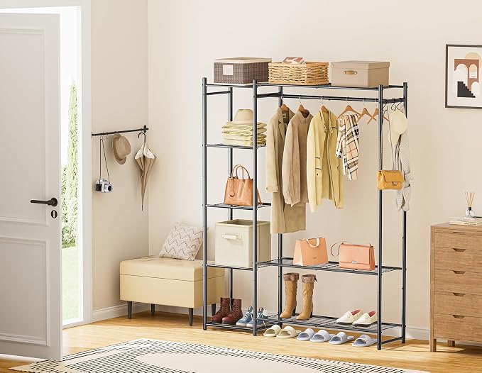 HOMIDEC Wardrobe Closet,Portable Clothes Rack with 4 Tiers Shelves | Freestanding Closet Organizers and Storage System with Hanging Rod,Steel Clothing Rack Suitable for Cloakrooms,Bedrooms.Black