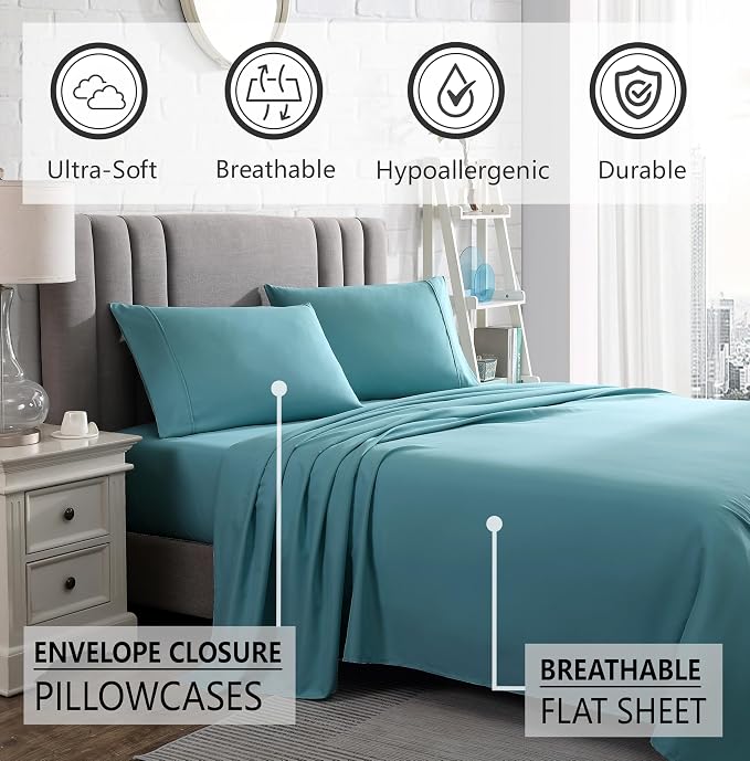 American Home Collection California King Sheet Set - Ultra-Soft Microfiber 15-Inch Deep Pocket - Wrinkle Free and Fade Resistant (Aqua Blue)