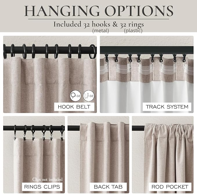 QJmydeco 95 Inch Curtains 2 Panel Set, UV/Heat Blocking for Summer Farmhouse Curtains for Living Room Darkening Curtain for 94 Inch Window Pinch Pleated Linen Blend Blackout Drapes Thermal