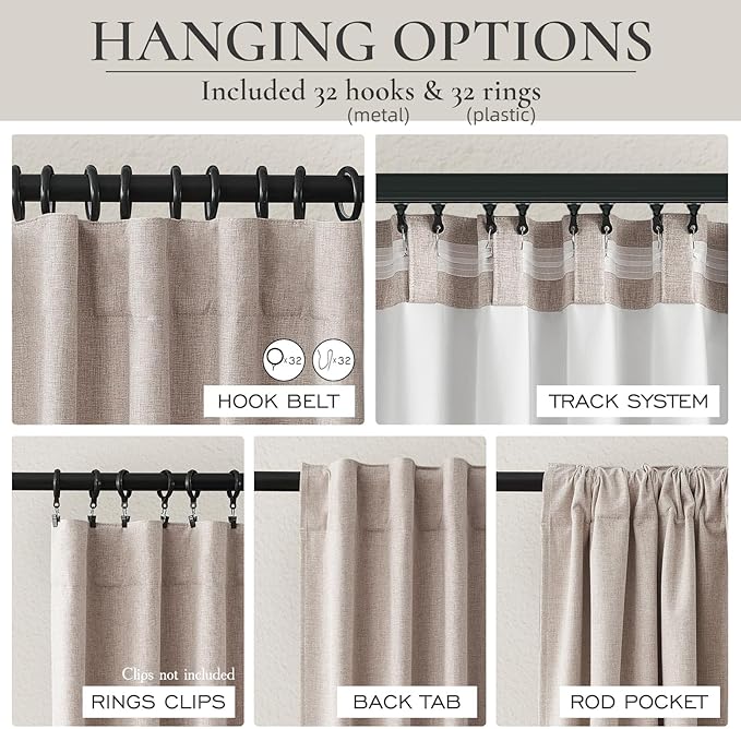 Dining Room Long Curtains 108 Inches Set of 2, 100 Inch Wide (2 x 50")Linen Living Room Drapes 9 Foot Tall 100% Blackout Curtains for Sliding Glass Door 2 Panels Tan Beige Back Tab/Rings/Hooks