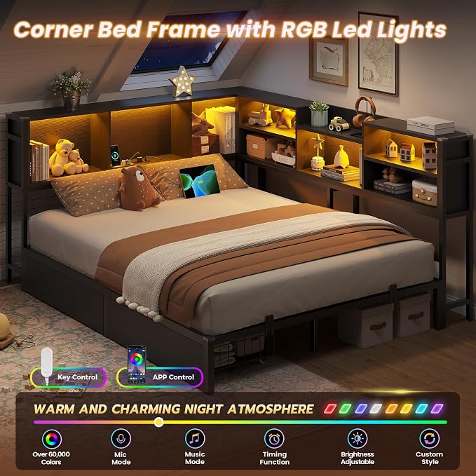 DICTAC Corner Queen Bed Frame with Storage Bookcase and 2 Drawers,Queen Size Platform Corner Bed Frame with LED Lights & Charging Station,Metal Daybed for Teens/Adult with Storage,Saving Space,Black