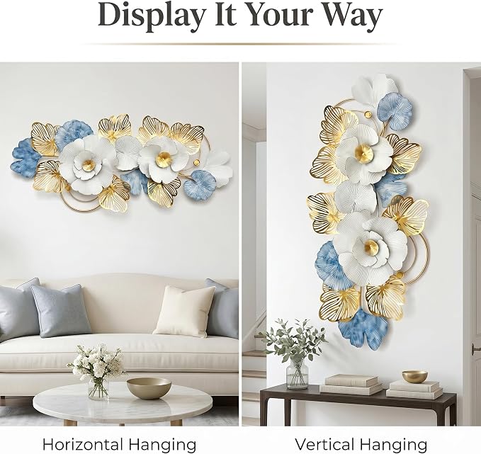 Axioglo 51" Large Wall Decor,3D Floral Metal Wall Art for Living Room | 51" x 22" metal wall decor with layered metal texture, mounting hardware, two-way display