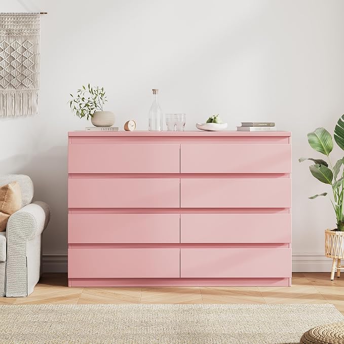 MapleGrace Modern 8 Drawer Dresser, Simply Chest of Drawers for Bedroom, Wooden Storage Dresser with Deep Drawers for Living Room/Hallway/Entryway (Pink)