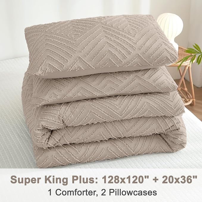 Litanika Super King Plus Comforter Set, 3 Pcs Tufted Boho Bedding Set | Light Coffee Farmhouse Shabby Chic Vintage Bohemian Textured Aesthetic Soft Fluffy Lightweight Breathable All Season Bed Set
