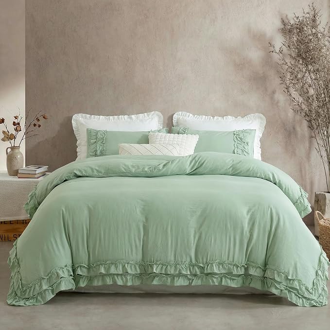 Bedorm Sage Green Ruffled Duvet Cover King Size Bedding Set Pleated Lace Ruffle Shabby Chic Bedroom Decor Extra Soft Cozy Farmhouse Country Style Duvet Cover Sets