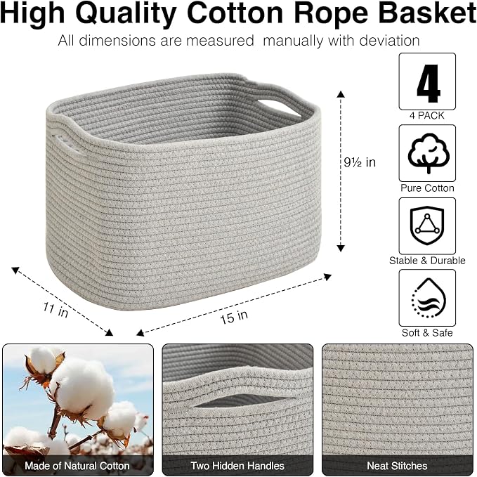 ICERZCZ Storage Baskets for Organizing & Shelves, Woven Cotton Rope Organization Bins for Dog Toys, Clothes, Books, Nursery Organizer, 15"Lx11"Wx9.5"H, (4 Packs) Grey