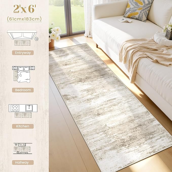 Washable 2x6 Runner Rug for Hallway: Kitchen Runner Non Slip Neutral Soft Abstract Modern Low Pile Stain Resistant Carpet Runner for Bedroom Beside Entryway Bathroom Laundry Indoor (Beige, 2'x6')