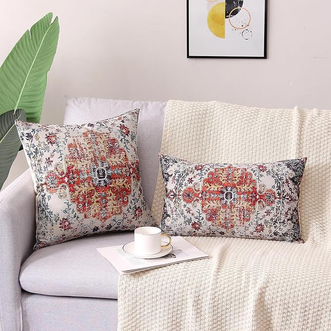 Outdoor Waterproof Pillow Covers 18x18 Inch Set of 2 Bohemian Vintage Carpet Pattern Pillow Covers Blue Burnt Orange Ethnic Design Decorative Farmhouse Couch Garden Balcony