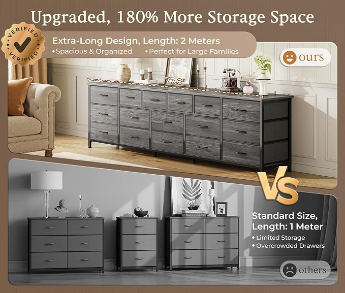 Huuger 77.6" Long Dresser for Bedroom, 16 Drawer Fabric Dresser for Closet, Wide Chest of Drawers with Storage, TV Stand for 65, 75, 85 Inch TV, 77.6" W x 13" D x 26.4" H, Grey