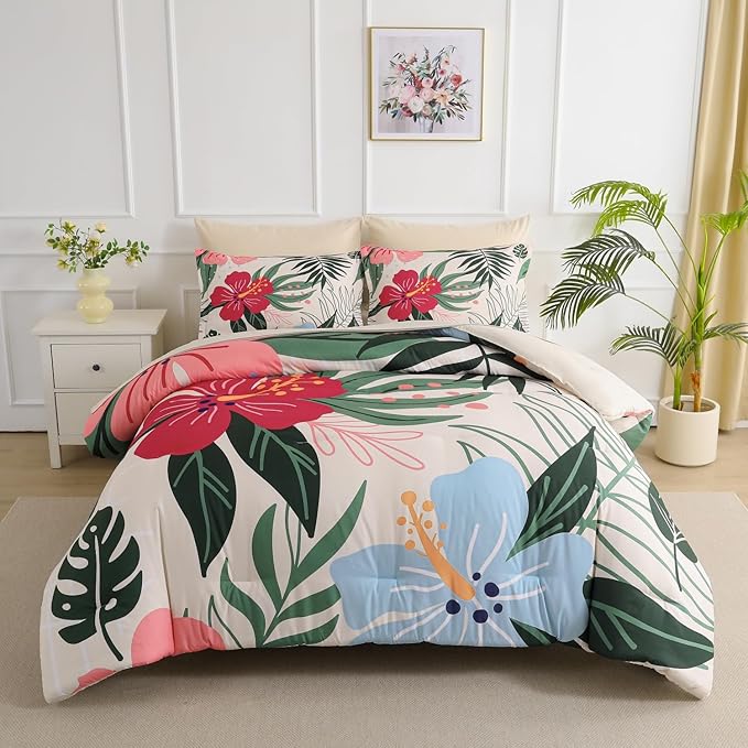Yogeneg 7 Piece Bed in a Bag Queen Size Comforter Set Beige Bedding Set,Pink Floral Green Leaves Pattern Reversible Design,Soft Microfiber Comforter with Sheet Set,All Season(Beige,Queen)