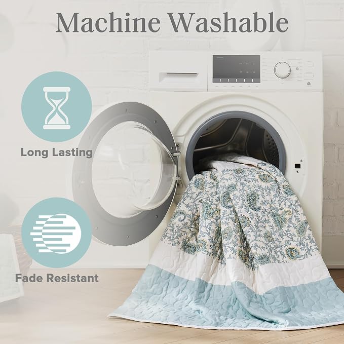 Madison Park 100% Cotton Quilt Set Floral Print, Double Sided Stitching, All Season, Lightweight Coverlet Shabby Chic Bedding Layer, Matching Shams, Full/Queen, Light Teal 6 Piece,Aqua | Double-Sided Stitching Floral Design, All Season, with Shams, Bed...