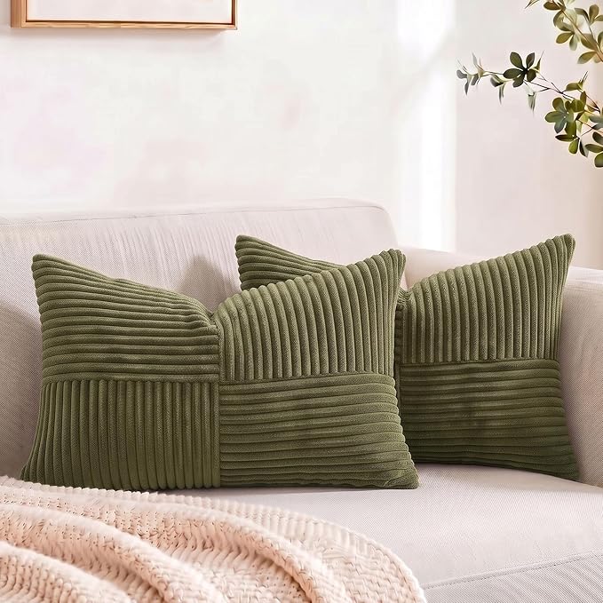 Fancy Homi 2 Packs Olive Green Lumbar Decorative Throw Pillow Covers 16x28 Inch for Living Room Couch Bed, Farmhouse Boho Home Decor, Soft Striped Corduroy Rectangle Accent Cushion Case 40x70 cm