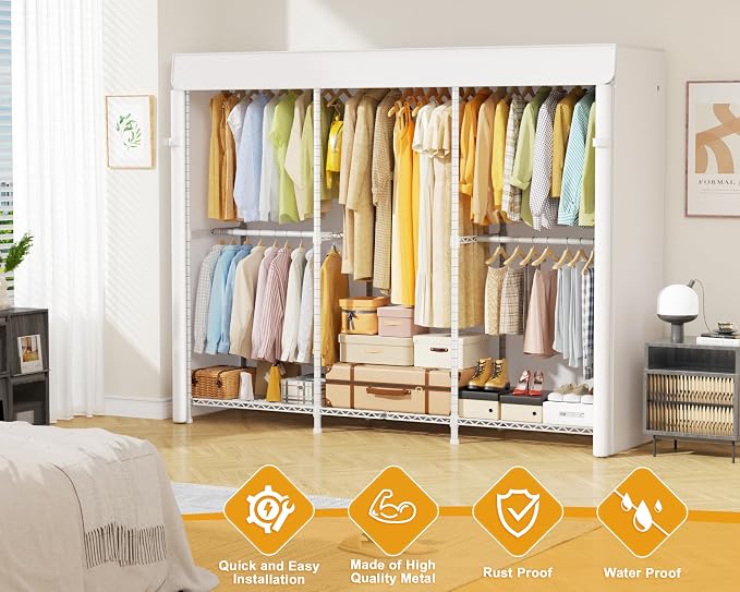 ULIFHOME E14C Pro Heavy Duty Closet Organizer System，Freestanding Clothing Racks for Hanging Clothes，Adjustable Garment Rack 69" W × 16" D × 77" H Hold 960 lbs，White Rack with White Dustproof Cover