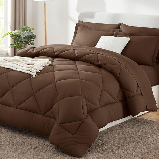 Queen Comforter Set with Sheets Brown - 7 Pieces Bed in a Bag | OEKO-TEX Certified, All Season, 240GSM Down-Alternative Comforter, Sheets, Pillowcases & Shams, 14" Deep Pocket, Easy Care