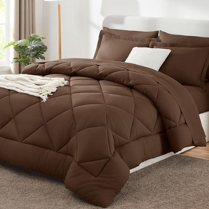 Super King Comforter Set Brown - 7 Pieces Complete Bedding Set | OEKO-TEX Certified, All Season, 240GSM Down-Alternative Comforter, Sheets, Pillowcases & Shams, 14" Deep Pocket, Easy Care