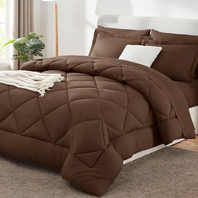 Full Size Comforter Sets Brown - 7 Pieces Complete Bedding Set | OEKO-TEX Certified, All Season, 240GSM Down-Alternative Comforter, Sheets, Pillowcases & Shams, 14" Deep Pocket, Easy Care