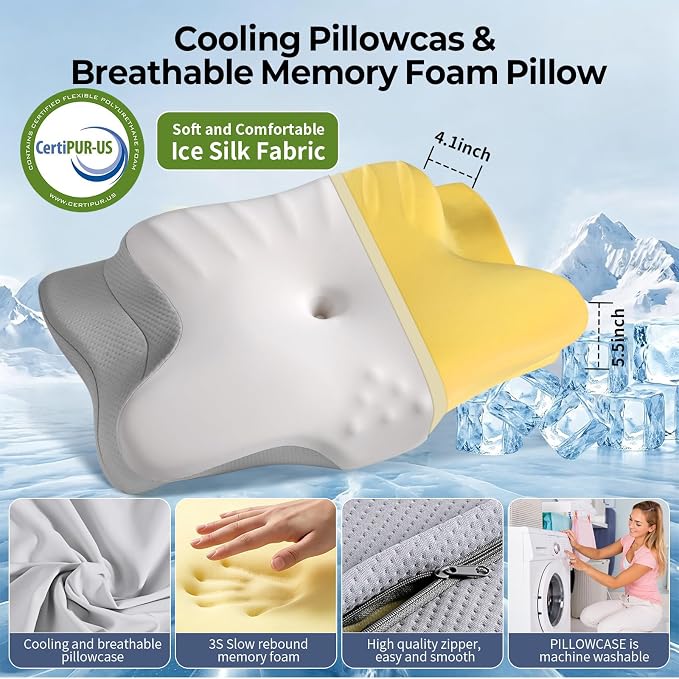 Ylekto Cervical Neck Pillow for Pain Relief - Contour Memory Foam Pillows for Sleeping, Ergonomic Pillow Side Sleeper Pillow for Neck Support, Bed Pillow for Side Back Stomach Sleepers(Grey)