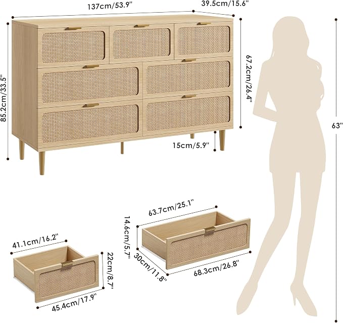 GarveeHome Rattan 7 Drawer Dressers for Bedroom, Deep Drawer, Natural | Tall Dresser, Wide Top, for Living Room, Hallway, Kids Room, Large Chest of Drawers for Closet, Long Wooden Dresser