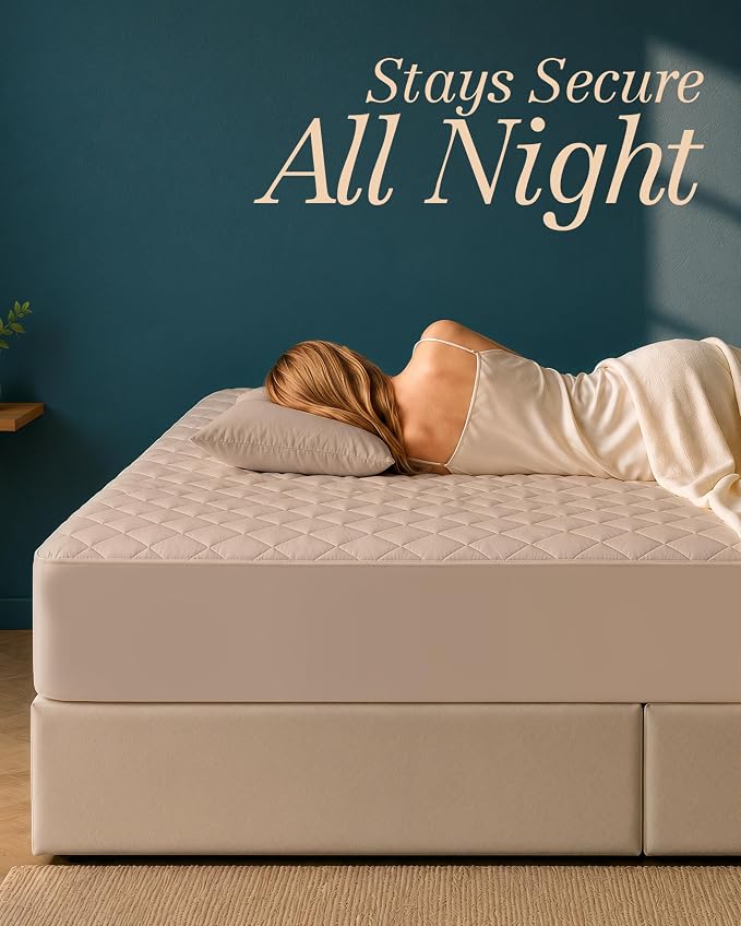 Quilted Mattress Pad, Full Mattress Protector Topper fits 16" Deep, Beige | Soft Breathable Fitted Mattress Cover, Noiseless, Deep Pockets & Machine Washable for Home & Hotels by Utopia Bedding