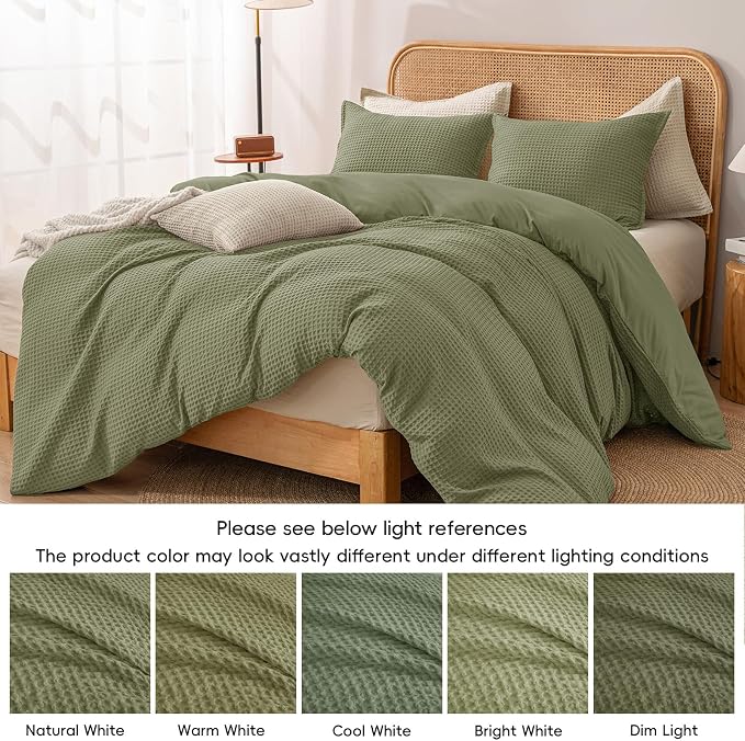 PHF Waffle Duvet Cover California King,Soft Breathable,104"x98",Olive Green | 300GSM Fabrie，No Snagging Textured Honeycomb Comforter Cover for All Season 3pcs, Durable Bedding Duvet Set, Home Decor Gift