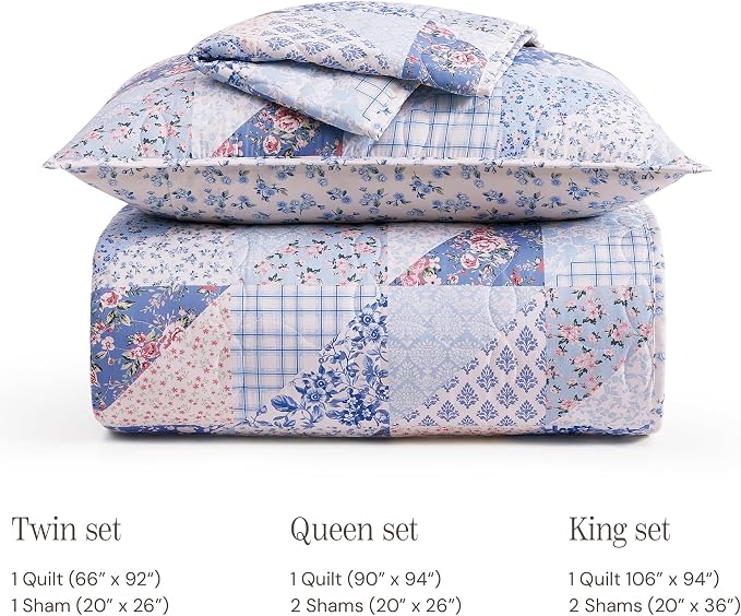 King Quilt Set-3 Pieces Soft Bedding Lightweight Floral Patchwork Coverlet | All Seasons Quilts Queen Size for Bed, 1 Quilt (106" x 94") and 2 Shams (20" x 36"), Vintage Bedspread, Blue Pink