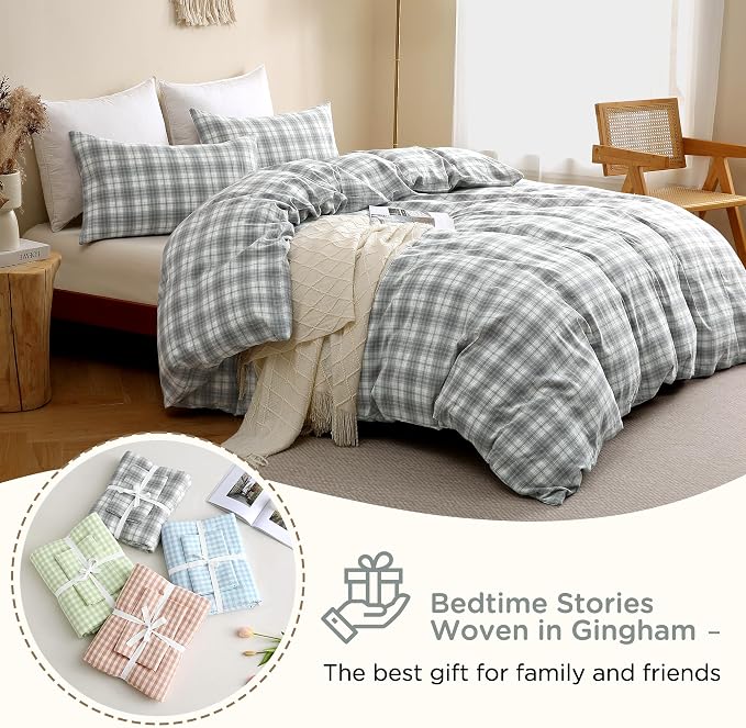 TOCOMOA Plaid Duvet Cover Set 100% Washed Cotton Like Linen, King | Linen-Like Feel Soft, Breathable & Comfy for All Season. Grey and Green Bedding Set with Zipper & 8 Ties. 3 Pcs, No Insert