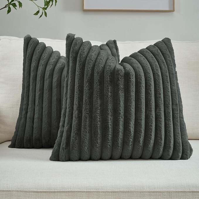 FUTEI Pack of 2 Faux Fur Throw Pillow Covers 22x22 Inch, Dark Grey | Fluffy Faux Rabbit Fur Front/Premium Velvet Back,Hidden Zipper,Machine Washable,Non-Shedding,Colorfast,Insert Not Included.