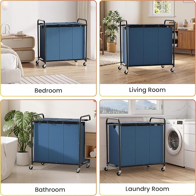 180L Laundry Sorter 3 Section, Rolling Laundry Basket with Wheels and Lid | 47.55 Gal Laundry Hamper, 3 Separated Removable Bags, Lockable Wheels, Dirty Clothes Hamper for Laundry Room Organizer, Blue